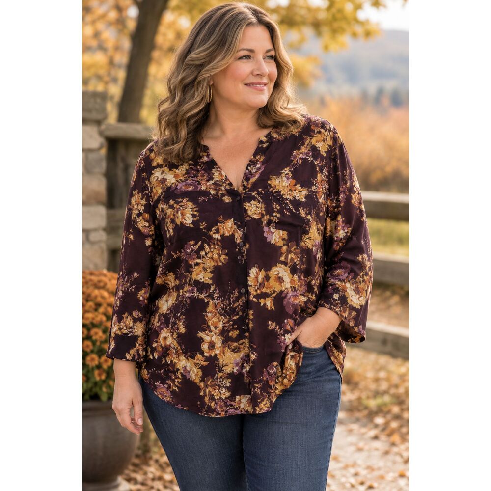 CJ Banks Floral Blouse Burgundy Boho V Neck Button Front Long Sleeve 2X